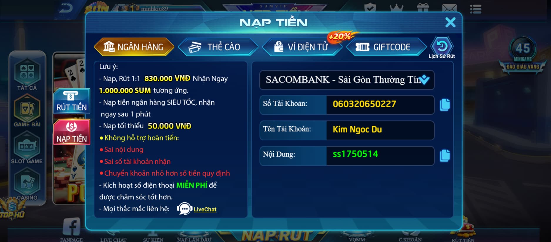 Trang chủ 43 Đa dạng kênh nạp rút tiền tại Sum Vip