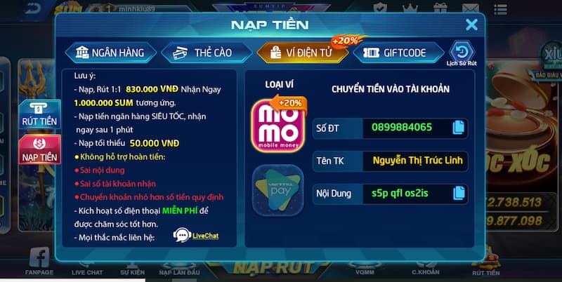 Nạp tiền Sum Vip qua ví điện tử 