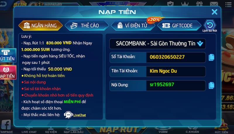 Nạp tiền Sumvip qua ngân hàng